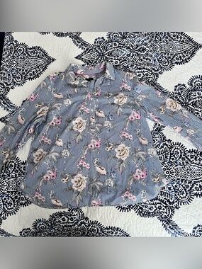 Talbots Blue Striped Floral Button-Front Blouse